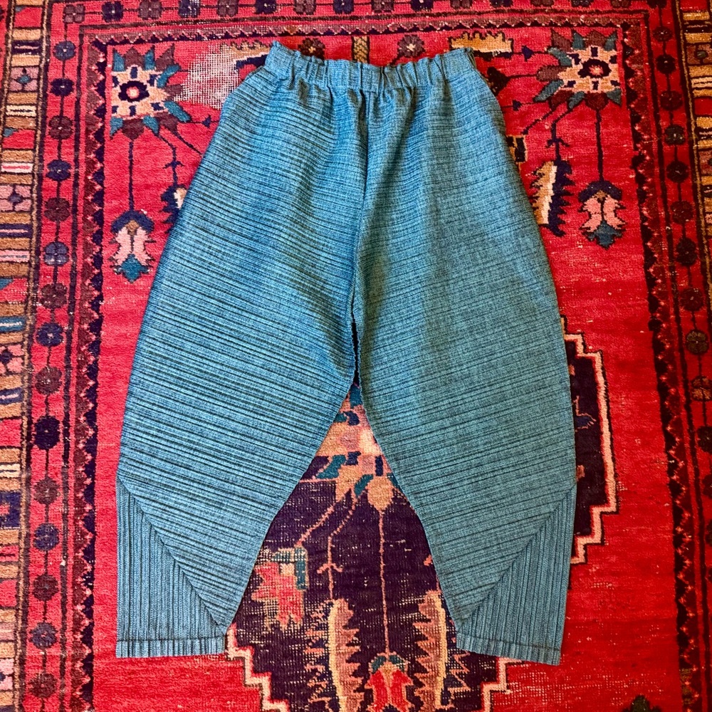 ISSEY MIYAKE PLEATS PLEASE Thicker Bounce Trousers - Knit Blue Pants - 5 - $560